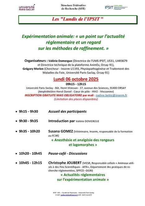 Les Lundis de l'IPSIT - Lundi 6 octobre 2025 : « Expérimentation animale » | Life Sciences Université Paris-Saclay | Scoop.it