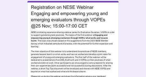 Registration on NESE Webinar Engaging and empowering young and emerging evaluators through VOPEs @25 Nov; 15:00-17:00 CET | Asociación Ibérica de Profesionales por la Evaluación | Evaluación de Políticas Públicas - Actualidad y noticias | Scoop.it