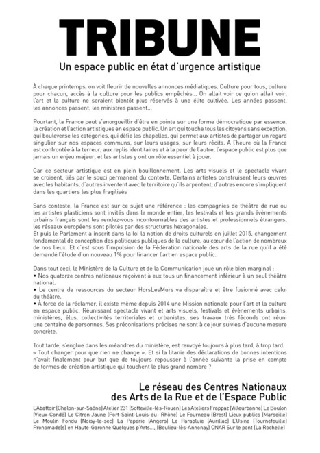 TRIBUNE : Un espace public en état d'urgence artistique (signée par les directeurs des Centres Nationaux des Arts de la Rue et de l'Espace Public) | Revue de presse théâtre | Scoop.it