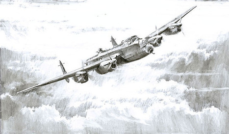 Drawing of a Lancaster Bomber in a climbing tur