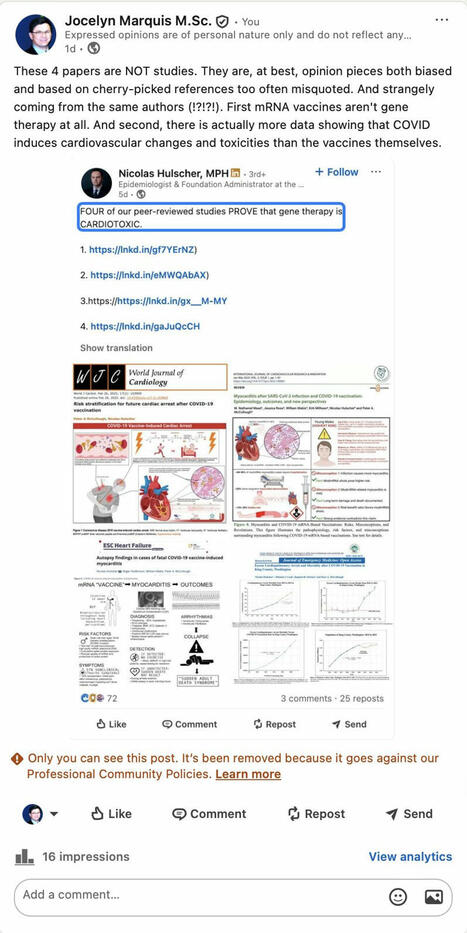 While the post might have been removed by LinkedIn, the facts do remain. First, mRNA are NOT gene therapy despite the claims of anti-vaccine organizations. Second, SARS-CoV-2 can result in several…... | Hésitations Vaccinales: Observatoire HESIVAXs | Scoop.it
