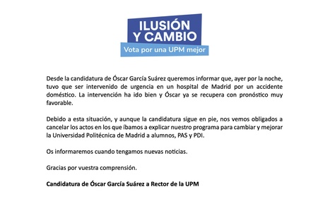 El candidato a Rector UPM, Óscar García Suárez, es operado de urgencia y suspende campaña | Elecciones a Rector UPM 2024 | Scoop.it