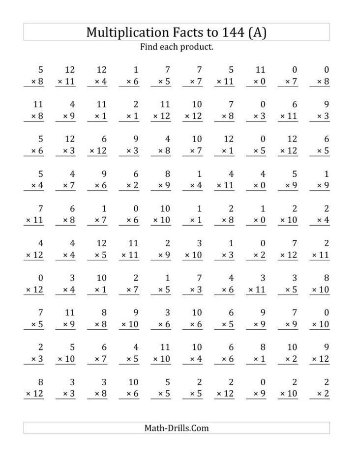 Multiplication Facts to 144 Including Zeros (A)...