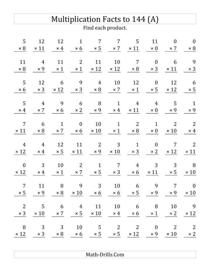 multiplication facts to 144 including zeros a