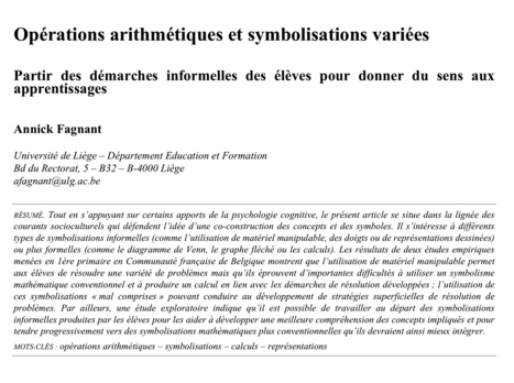 Education & Formation : recherches empiriques sur la question de la manipulation et de la symbolisation des opérations (A. Fagnant) | Revue Education & Formation | Scoop.it