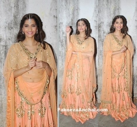 Sonam Kapoor in Peach-Orange Mirrow Work Lehenga Choli by Arpita Mehta | Indian Fashion Updates | Scoop.it