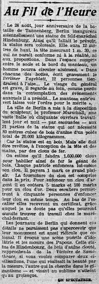 20 août 1915 : une statue gigantesque du feld-maréchal Hindenburg | Autour du Centenaire 14-18 | Scoop.it