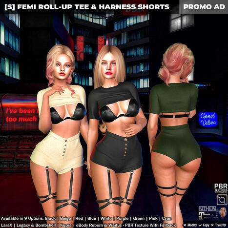 New Release: [S] Femi Roll-Up Tee & Harness Shorts by [satus Inc] | Teleport Hub - Second Life New Releases / Deals | Second Life Freebies | Scoop.it