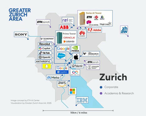 Eine Abbildung vom ETH AI Center zeigt die starken KI-Aktivitäten rund um Zürich mit diversen Top-Firmen, insbesondere aus den USA. | Matthias Kindt | Künstliche Intelligenz | Scoop.it