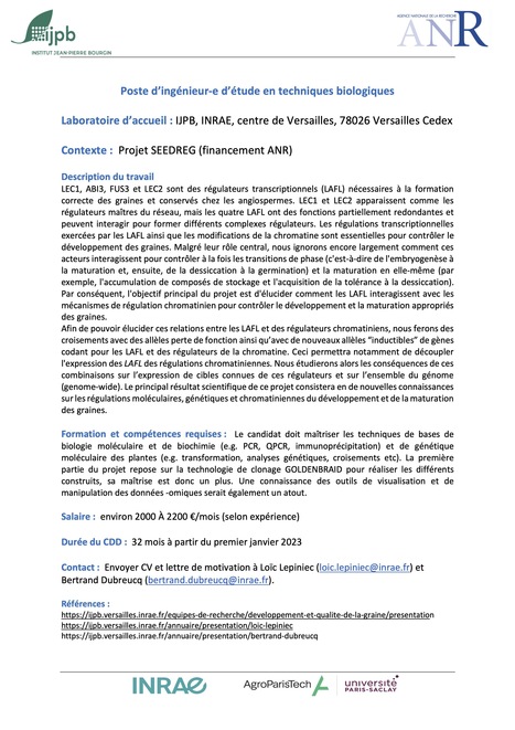 Poste d’ingénieur-e d’étude en techniques biologiques IJPB, INRAE, Versailles, Projet SEEDREG (financement ANR) | Plant Sciences | Scoop.it