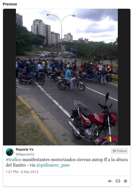Informa @ReporteYa #trafico manifestantes motorizados cierran autop ff a la altura del llanito via @polisucre_pms | Caracasos | Scoop.it