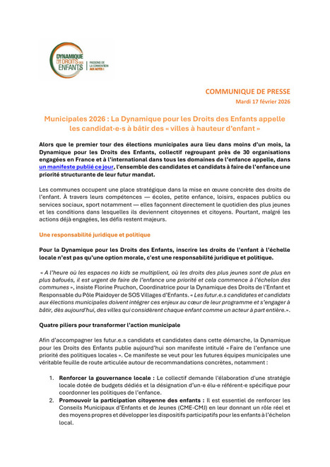 Municipales 2026 : La Dynamique pour les Droits des Enfants appelle les candidat&middot;e&middot;s &agrave; b&acirc;tir des &laquo; villes &agrave; hauteur d&rsquo;enfant &raquo; | Veille juridique du CDG13 | Scoop.it