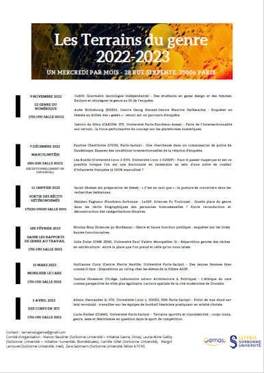 A noter dans l'agenda : mercredi 7 décembre, "Les Terrains du genre", atelier doctoral 2022-2023, deuxième séance  | les eNouvelles | Scoop.it