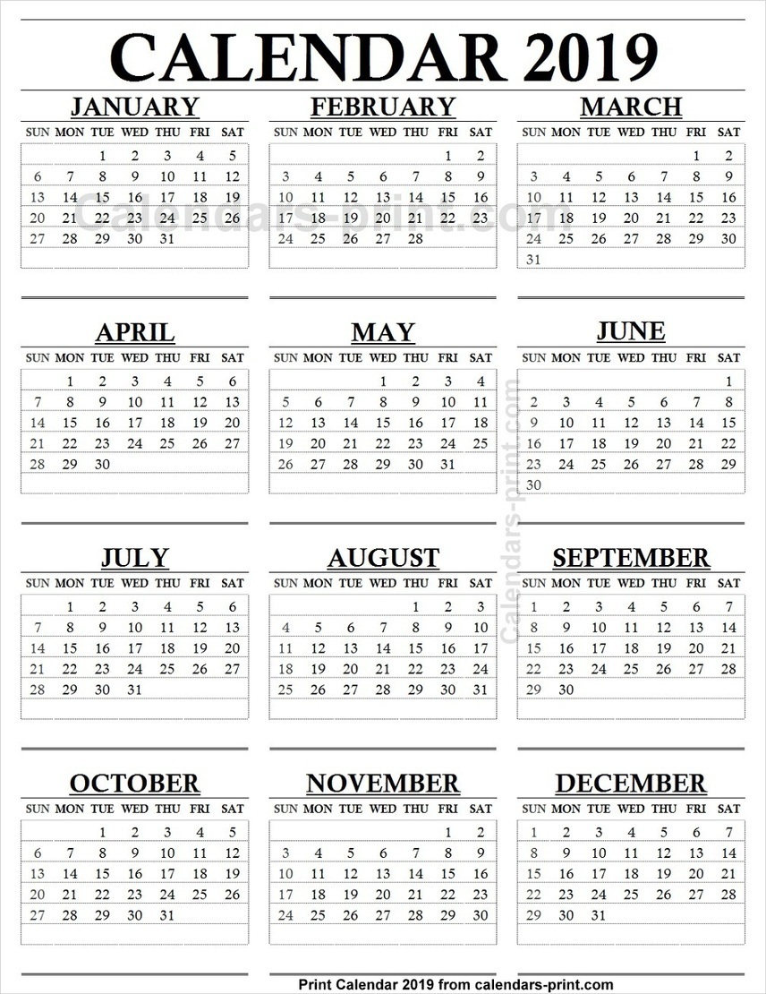 12 Month Calendar 2019 E Page To Print Free