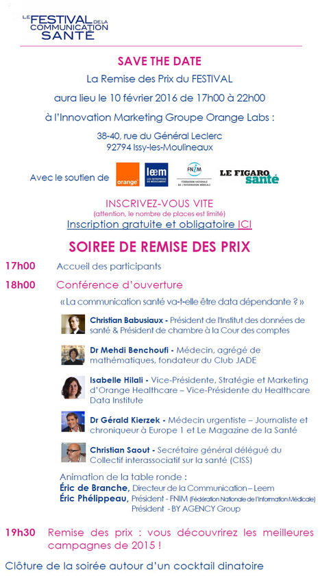 SAVE THE DATE : La Remise des Prix du Festival de la Communication Sant&eacute;, le programme complet | Buzz e-sante | Scoop.it