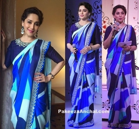 Madhuri Dixit in Beautiful Blue designer Printed saree by Arpita Mehta | Indian Fashion Updates | Scoop.it