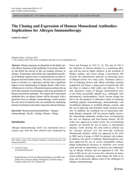 The Cloning and Expression of Human Monoclonal Antibodies: Implications for Allergen Immunotherapy - Springer | Allergy (and clinical immunology) | Scoop.it