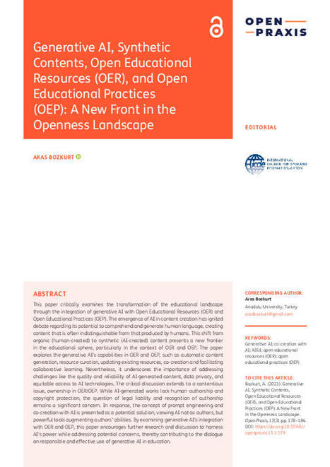 (PDF) Generative AI, Synthetic Contents, Open Educational Resources (OER), and Open Educational Practices (OEP): A New Front in the Openness Landscape | Aras Bozkurt - Academia.edu | Educación a Distancia y TIC | Scoop.it