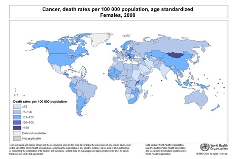 Cancer, death rates per 100 000 population, age standardized: Females, 2008 | Medici per l'ambiente - A cura di ISDE Modena in collaborazione con "Marketing sociale". Newsletter N°34 | Scoop.it