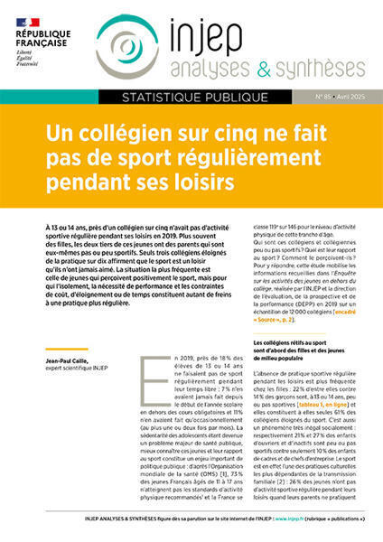 INJEP - 1 collégien sur 5 ne fait pas de sport régulièrement pendant ses loisirs | 1 - Etudes - Rapports - Chiffres Clefs | Scoop.it