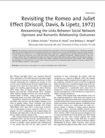 Revisiting the Romeo and Juliet Effect (Driscoll, Davis, & Lipetz, 1972) - Social Psychology - Volume 45, Number 3 / 2014 - Hogrefe Publishing | Bounded Rationality and Beyond | Scoop.it