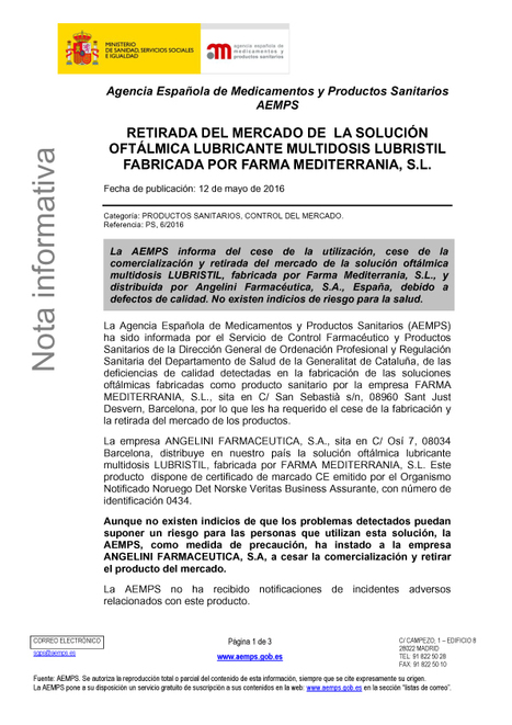 Cese de la utilización, cese de la comercialización y retirada del mercado de la solución oftálmica lubricante multidosis LUBRISTIL, fabricada por FARMA MEDITERRANIA, S.L. | Salud Visual (Profesional) 2.0 | Scoop.it