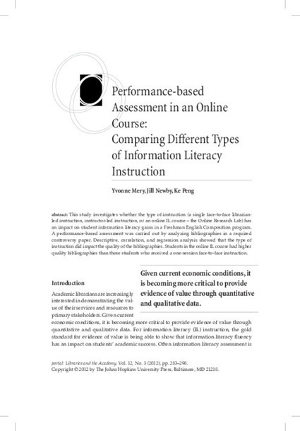 Performance-based Assessment in an Online Course: Comparing Different Types of Information Literacy Instruction | Project MUSE  | Aprendiendo a Distancia | Scoop.it