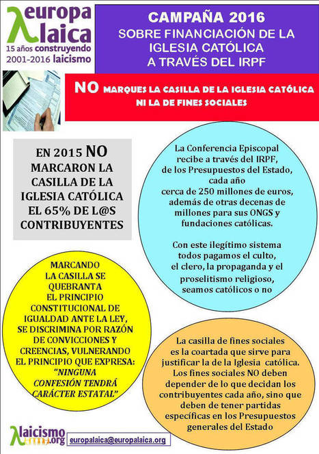 NO a las casillas del IRPF: No marques la casilla de la iglesia católica, ni la de fines sociales - Observatorio del Laicismo - Europa Laica | Religiones. Una visión crítica | Scoop.it