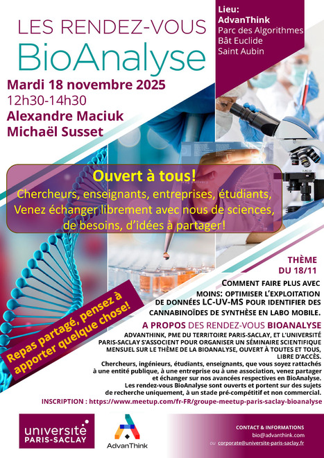 Rendez-Vous BioAnalyse de Paris-Saclay - Alexandre Maciuk et Michaël Susset : " Identifier des cannabinoïdes de synthèse en labo mobile avec données LC-UV-MS ", Mardi 18 novembre 2025 | Life Sciences Université Paris-Saclay | Scoop.it
