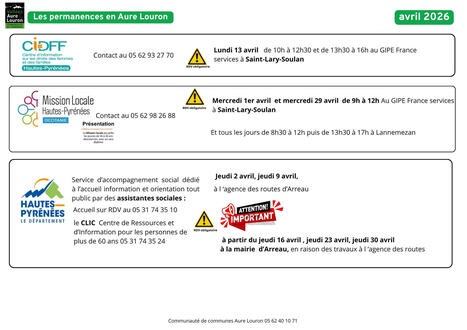 Les permanences des services publics en Aure et Louron pour Avril 2026 : Renov'Occitanie, DDFIP, France Services, Maison du travail saisonnier, CIDDF, Mission Locale, Accompagnement social | Vall&eacute;es d'Aure & Louron - Pyr&eacute;n&eacute;es | Scoop.it