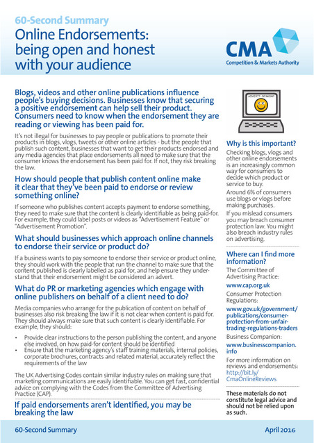Online endorsements - being open and honest with your audience, from UK Competition & Markets Authority (official publication) | Building a world of trust for e-commerce | Scoop.it