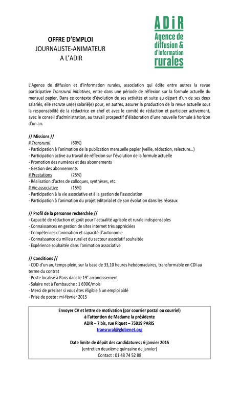 Journaliste Animatrice/teur ADIR Transrural Initiatives - CDD 1 an - Paris | Presse Design et Emploi D&eacute;vt Durable | Scoop.it