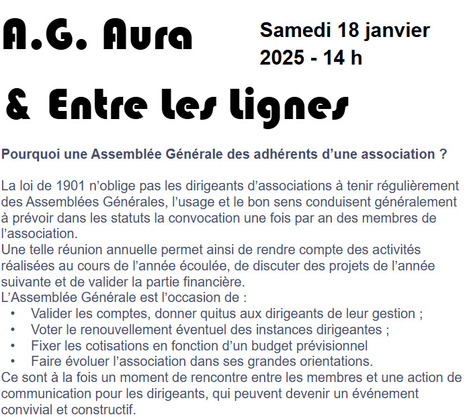 Assembl&eacute;es g&eacute;n&eacute;rales des associations "Aura" et "Entre les lignes" au Centre culturel d'Ancizan le 18 janvier | Vall&eacute;es d'Aure & Louron - Pyr&eacute;n&eacute;es | Scoop.it