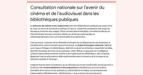 Consultation nationale sur l’avenir du cinéma et de l’audiovisuel dans les bibliothèques publiques / Ministère de la Culture | Veille professionnelle des Bibliothèques-Médiathèques de Metz | Scoop.it