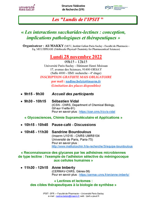 Les "Lundis de l'IPSIT" - Lundi 28 novembre 2022 &agrave; 9h15 | Life Sciences Universit&eacute; Paris-Saclay | Scoop.it