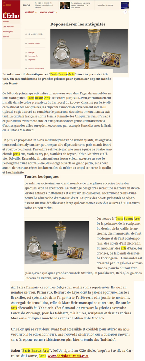 Dépoussiérer les antiquités / L'Echo.be - 2 Avril 2015 | Paris Beaux-Arts | Scoop.it