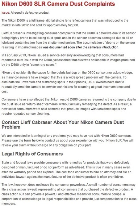 Law firm collects Nikon D600 sensor dust/spot complaints for a potential class action lawsuit | Nikon Rumors | Nikon D600 | Scoop.it