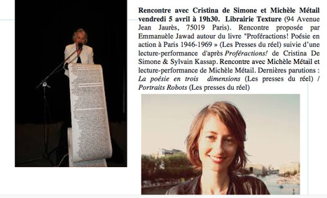 (Agenda) 5 avril, Paris, Cristina de Simone et Michèle Métail | Poezibao | Scoop.it