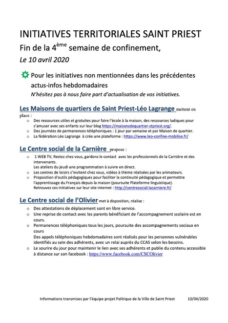 Initiatives territoriales Saint-Priest. Fin de la 4&egrave;me semaine de confinement, le 10 avril 2020 | Labo Cit&eacute;s - L'actualit&eacute; de la politique de la ville en Auvergne-Rh&ocirc;ne-Alpes | Scoop.it