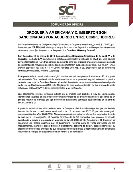 #DESTACADO: Droguería Americana y C. Imberton son sancionadas por acuerdo entre competidores - Comunicado Oficial #ElSalvador | SC News® | Scoop.it