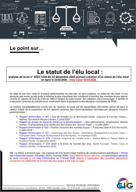 R&eacute;forme du statut de l'&eacute;lu local (Publi&eacute; / CIG GC le 23/02/2026 - M&agrave;J 02/03/2026) | Veille juridique du CDG13 | Scoop.it