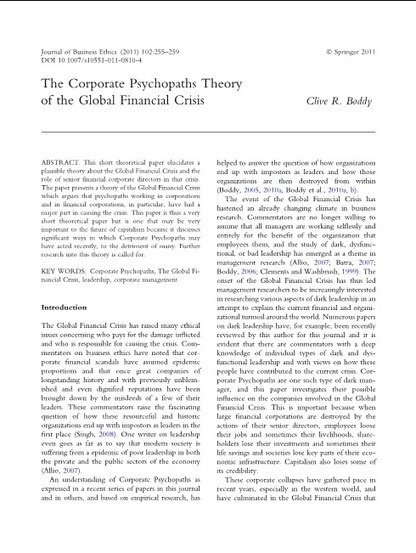 The Corporate Psychopaths Theory of the Global Financial Crisis Clive R. Boddy | Science News | Scoop.it