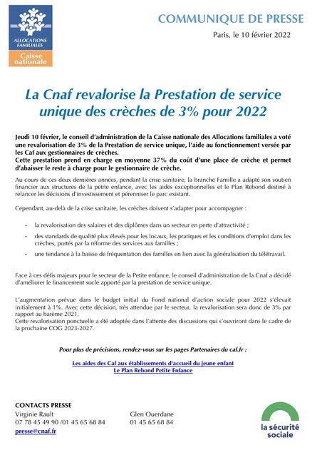 La Cnaf revalorise la Prestation de service unique des cr&egrave;ches de 3% pour 2022 | Veille juridique du CDG13 | Scoop.it