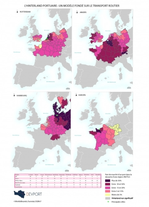 Carte - L'hinterland portuaire en Europe : un mod&egrave;le fond&eacute; sur le transport routier (Projet devport) | Veille territoriale AURH | Scoop.it