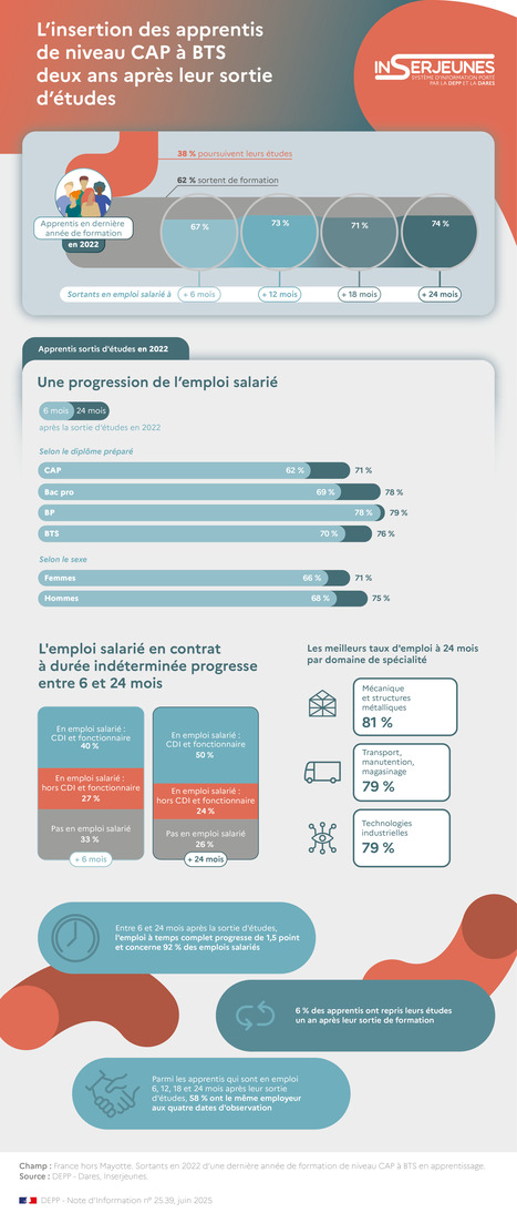Insertion professionnelle des apprentis de niveau CAP à BTS deux ans après leur sortie d’études en 2022 | Actu insertion pro - SOIE Lyon 1 (conseils, marché de l'emploi, évolutions, ...) | Scoop.it