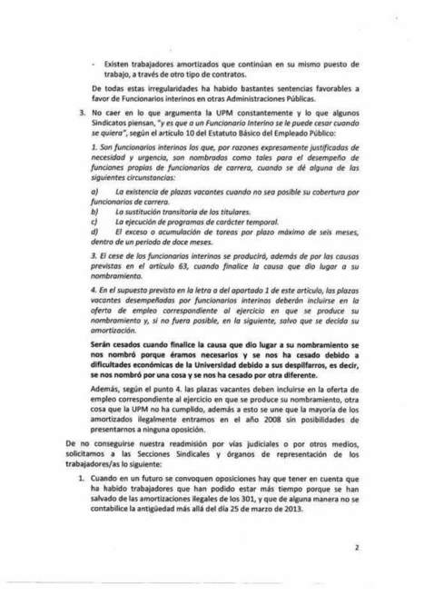 Escrito remitido por funcionarios interinos de la UPM cuyas plazas fueron amortizadas el 9 de marzo de 2013. | Boletín resumen del año 2014. Pucherazo en las Sindicales UPM | Scoop.it