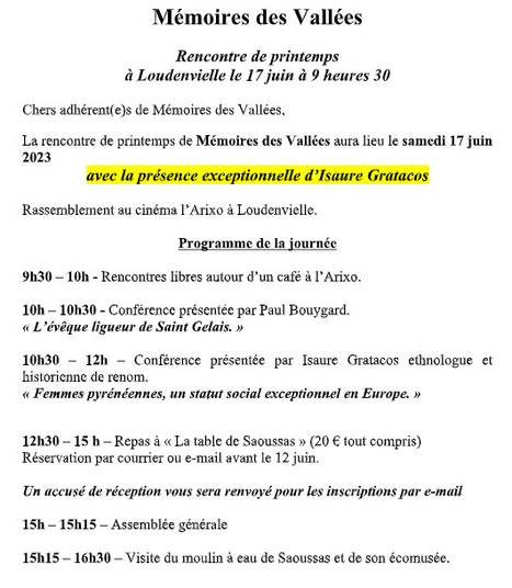 Rencontre de printemps de l'association Mémoires des Vallées le 17 juin à Loudenvielle | Vallées d'Aure & Louron - Pyrénées | Scoop.it