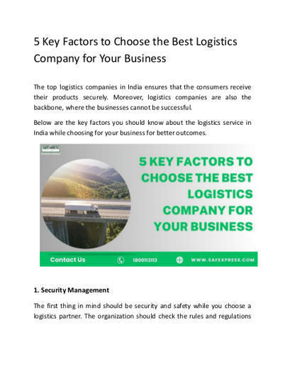 5 Key factors to choose the best logistics company for your Business | Safexpress Pvt. LTD. | Scoop.it