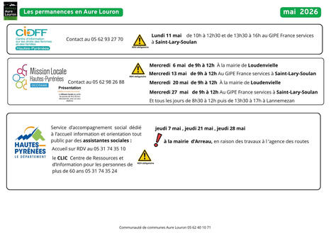 Permanences des services publics d'Aure et Louron en Mai 2026 : Renov'Occitanie, DDFIP, France Services, Maison du travail saisonnier, CIDDF, Mission Locale, Accompagnement social ... | Vall&eacute;es d'Aure & Louron - Pyr&eacute;n&eacute;es | Scoop.it