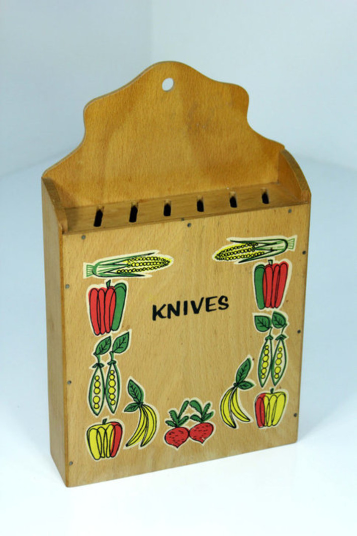 Vintage Mid-Century Modern Wooden Wall Knife Holder Box By Nevco Kitschy Cute Veggies Vegetables Decals Hanging Knife Block Storage | Antiques & Vintage Collectibles | Scoop.it